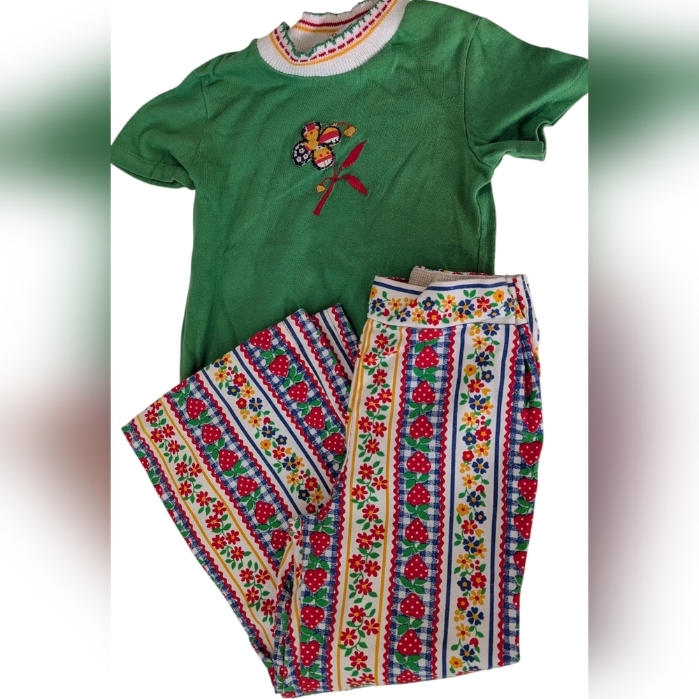 70s Sears Vintage‎ Girls Strawberry Floral Print Flare Pants & Matching Set Rare
